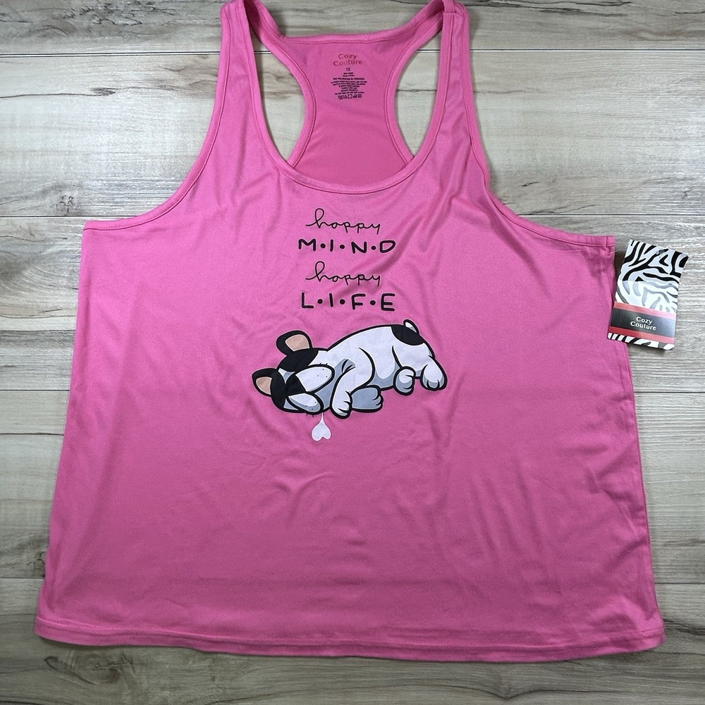NWT Sz 1X Bulldog Pink Tank Happy Mind Happy Life Racer back Hot Pink Dog